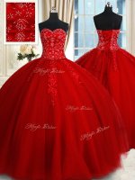 Romantic Ball Gowns Vestidos de Quinceanera Red Sweetheart Tulle Sleeveless Floor Length Lace Up