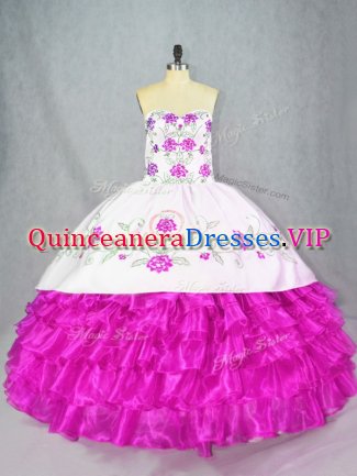 Fabulous Fuchsia Ball Gowns Organza Sweetheart Sleeveless Embroidery and Ruffled Layers Floor Length Lace Up Sweet 16 Dresses