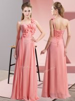Fashion Sleeveless Floor Length Hand Made Flower Lace Up Dama Dress for Quinceanera with Watermelon Red