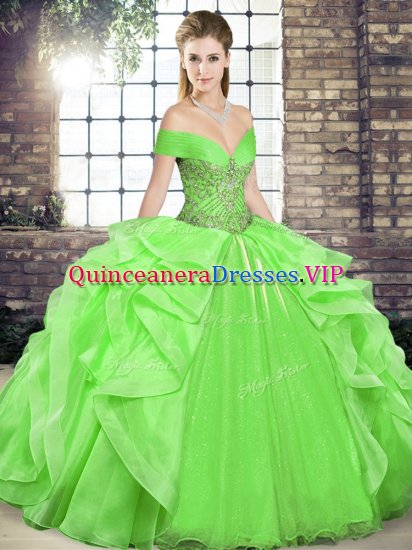 Organza Off The Shoulder Sleeveless Lace Up Beading and Ruffles Ball Gown Prom Dress in - Click Image to Close