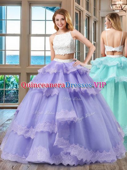 Flirting Backless Straps Sleeveless Quinceanera Gown Floor Length Beading Lavender Tulle - Click Image to Close