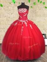 Customized Tulle Strapless Sleeveless Lace Up Appliques and Ruching 15 Quinceanera Dress in Red