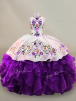 Sleeveless Organza Floor Length Lace Up 15th Birthday Dress in White And Purple with Embroidery