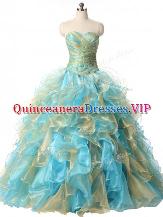 Most Popular Multi-color Ball Gowns Organza Sweetheart Sleeveless Beading and Ruffles Floor Length Lace Up Ball Gown Prom Dress