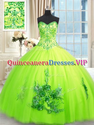 Deluxe Yellow Green Sleeveless Floor Length Beading and Appliques and Embroidery Lace Up Quinceanera Gowns