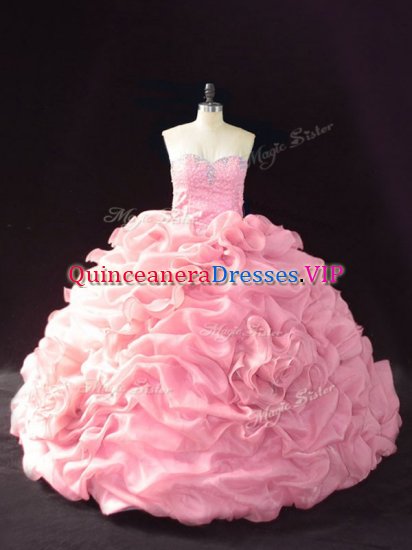 Vintage Pink Sleeveless Court Train Beading and Pick Ups and Hand Made Flower Quince Ball Gowns - Click Image to Close