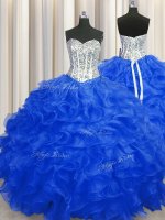 Deluxe Royal Blue Lace Up Quince Ball Gowns Beading and Ruffles Sleeveless Floor Length