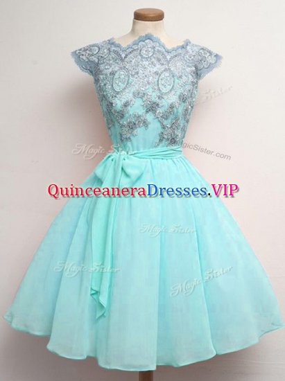 Customized Aqua Blue Lace Up Court Dresses for Sweet 16 Lace and Belt Cap Sleeves Knee Length - Click Image to Close
