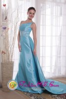 Pembroke Pines FL Lovely Blue One Shoulder Column Watteau Train Beading Taffeta Quinceanera Dama Dress For(SKU PDHXQ194274BIZ)