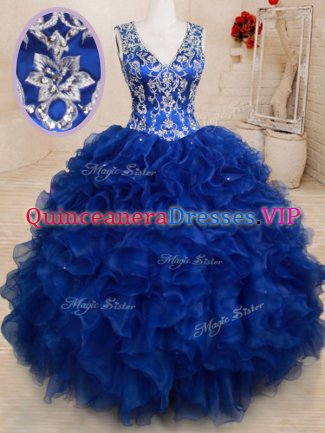 Custom Design Backless Organza Sleeveless Floor Length Vestidos de Quinceanera and Beading and Embroidery and Ruffles