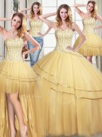 Affordable Four Piece Sequins Gold Sleeveless Tulle Lace Up Ball Gown Prom Dress for Military Ball and Sweet 16 and Quinceanera