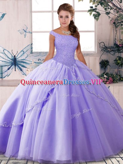 Lavender Off The Shoulder Lace Up Beading Sweet 16 Dress Brush Train Sleeveless - Click Image to Close