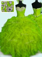 Fine Yellow Green Quince Ball Gowns Military Ball and Sweet 16 and Quinceanera with Beading and Ruffles Sweetheart Sleeveless Lace Up