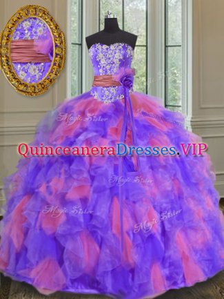 Multi-color Ball Gowns Beading and Appliques and Ruffles and Sashes ribbons and Hand Made Flower Quinceanera Gowns Lace Up Organza Sleeveless Floor Length