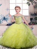 Excellent Yellow Green Tulle Side Zipper Off The Shoulder Sleeveless Floor Length Little Girls Pageant Gowns Beading