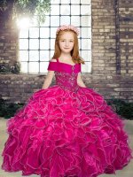 Sleeveless Organza Floor Length Lace Up Child Pageant Dress in Fuchsia with Beading and Ruffles
