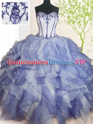 Sleeveless Floor Length Beading and Ruffles Lace Up Quinceanera Gown with Blue And White