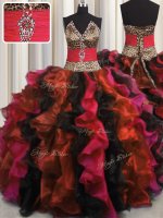 Classical Leopard V-neck Sleeveless 15th Birthday Dress Floor Length Beading and Ruffles Multi-color Organza