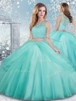 Sleeveless Tulle Floor Length Clasp Handle Sweet 16 Quinceanera Dress in Aqua Blue with Beading and Lace