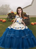 Stunning Blue Tulle Lace Up Little Girl Pageant Dress Sleeveless Floor Length Embroidery and Ruffled Layers