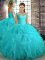 Aqua Blue Tulle Lace Up Off The Shoulder Sleeveless Floor Length Quinceanera Dress Beading and Ruffles
