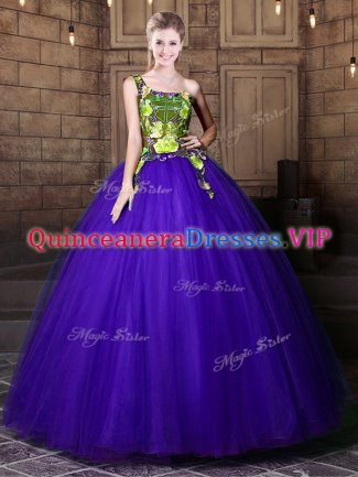 Great One Shoulder Blue Sleeveless Floor Length Pattern Lace Up Military Ball Gowns