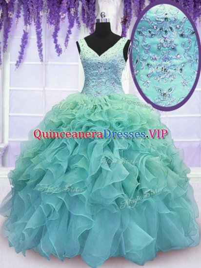 Blue Sleeveless Beading and Embroidery and Ruffles Floor Length Quinceanera Gown - Click Image to Close