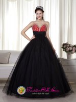 Fashionable Tull Black and Red Princess Beaded Sweetheart Quinceanera Dama Dress in Obera Argentina