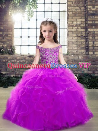 Tulle Off The Shoulder Sleeveless Lace Up Beading and Ruffles Custom Made Pageant Dress in Purple