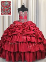 Lovely Wine Red Lace Up Sweetheart Beading and Embroidery and Ruffled Layers and Pick Ups 15th Birthday Dress Taffeta Sleeveless Brush Train