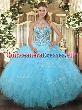 Chic Aqua Blue Lace Up Sweetheart Beading and Ruffles Sweet 16 Quinceanera Dress Tulle Sleeveless