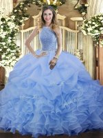 Blue Sleeveless Floor Length Beading and Ruffles and Pick Ups Lace Up Sweet 16 Dresses