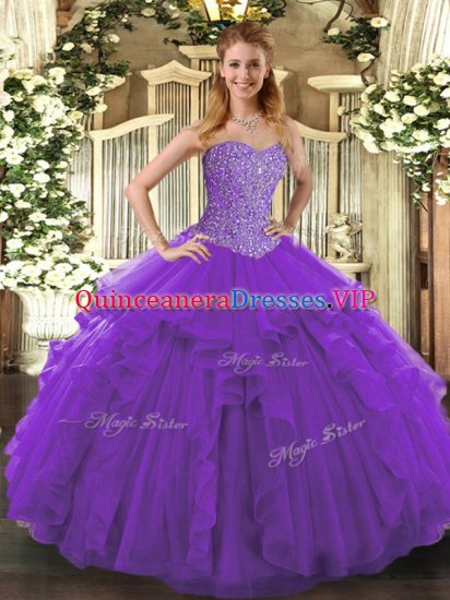 Sleeveless Floor Length Beading and Ruffles Lace Up Quinceanera Dresses with Purple - Click Image to Close