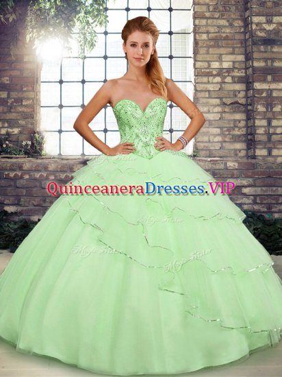 Inexpensive Yellow Green Lace Up Sweetheart Beading and Ruffled Layers 15 Quinceanera Dress Tulle Sleeveless Brush Train - Click Image to Close