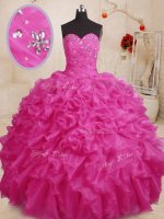 Free and Easy Hot Pink Ball Gowns Sweetheart Sleeveless Organza Floor Length Lace Up Beading and Ruffles Quince Ball Gowns