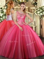 Coral Red Ball Gowns Scoop Sleeveless Tulle Floor Length Lace Up Beading Ball Gown Prom Dress