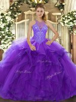 Purple Organza Lace Up Quinceanera Gown Sleeveless Floor Length Beading and Ruffles