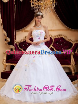 White Colorful Appliques For Quinceanera Dress With Organza Strapless In South Carolina
