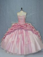 Vintage Pink Ball Gowns Tulle Sweetheart Sleeveless Beading and Appliques and Pick Ups Lace Up 15th Birthday Dress Brush Train