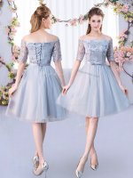 Dramatic Grey Tulle Lace Up Off The Shoulder Short Sleeves Knee Length Court Dresses for Sweet 16 Lace and Belt