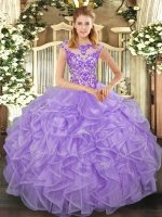 Lavender Scoop Lace Up Beading and Appliques and Ruffles Sweet 16 Quinceanera Dress Cap Sleeves