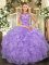 Lavender Scoop Lace Up Beading and Appliques and Ruffles Sweet 16 Quinceanera Dress Cap Sleeves