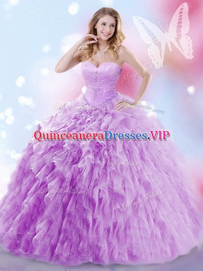 Fabulous Lavender Tulle Lace Up 15th Birthday Dress Sleeveless Brush Train Beading and Ruffles - Click Image to Close