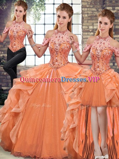 Orange Sleeveless Beading and Ruffles Floor Length Sweet 16 Dresses - Click Image to Close