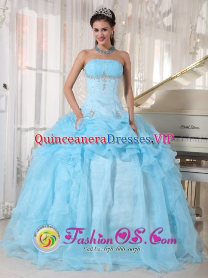 Duluth Georgia/GA Stylish Organza Baby Blue Ball Gown Pick-ups Sweet 16 Dresses With Beading and Ruched Bust Floor-length - Click Image to Close