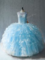 Beading and Ruffles Quinceanera Gown Blue Lace Up Sleeveless Floor Length