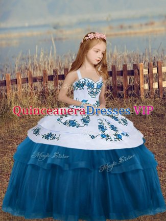 Blue Ball Gowns Tulle Straps Sleeveless Embroidery Floor Length Lace Up Little Girls Pageant Gowns