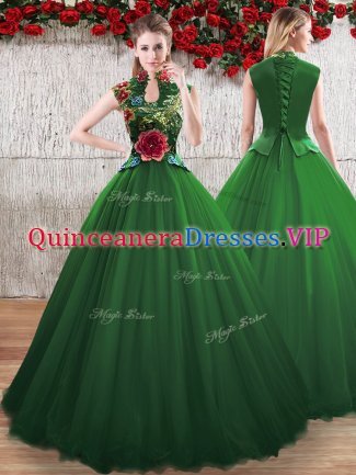 Green A-line Hand Made Flower Quinceanera Gown Lace Up Tulle Sleeveless Floor Length
