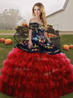 Suitable Ball Gowns Sweet 16 Dress Red And Black Off The Shoulder Organza Sleeveless Floor Length Lace Up