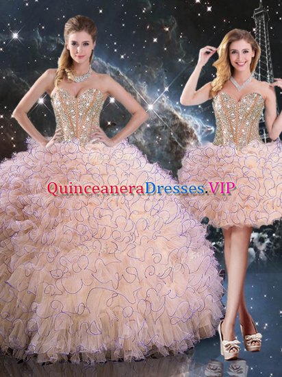 Peach Ball Gowns Organza Sweetheart Sleeveless Beading and Ruffles Floor Length Lace Up Military Ball Gown - Click Image to Close